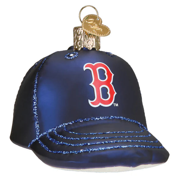 Navy blue baseball cap ornament with red 'B' Boston Red Sox logo on a white background