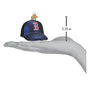 Small blue cap ornament with red 'B' logo on a hand, showing size measurement.
