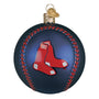 Decorative ornament resembling a baseball with a red sock logo on a blue background