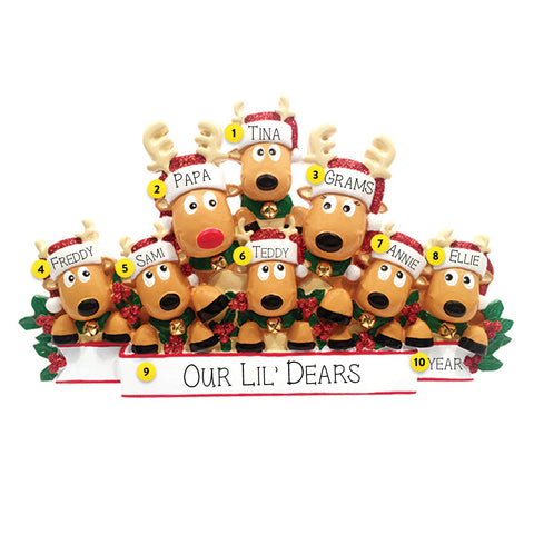 Personalized Reindeer Family of 8 with Banner Ornament