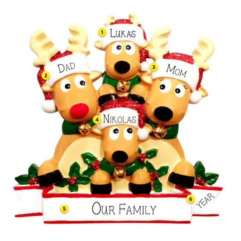 Personalized Reindeer Family of 4 with Banner Ornament