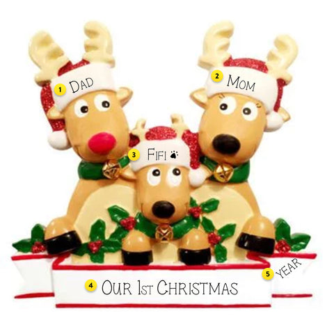Personalized Reindeer Family of 3 with Banner Ornament