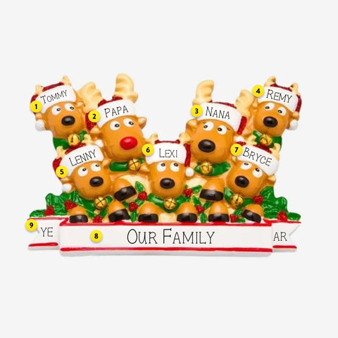 Personalized Reindeer Family of 7 with Banner Ornament