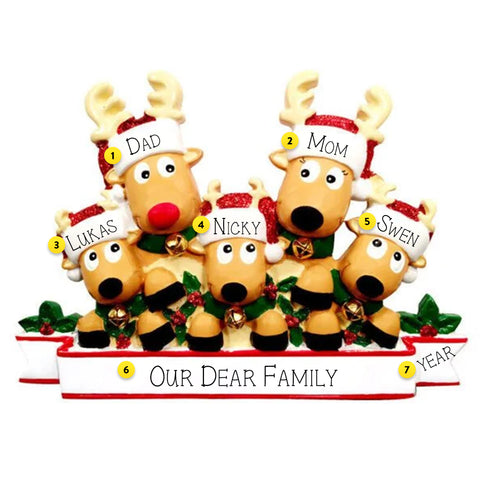 Personalized Reindeer Family of 5 with Banner Ornament