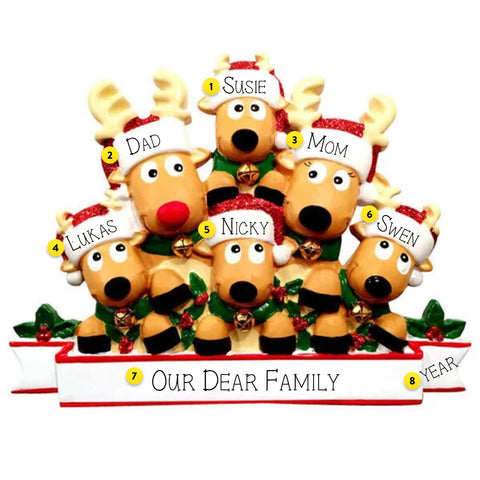 Personalized Reindeer Family of 6 with Banner Ornament