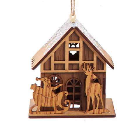 Wooden cottage ornament with a snowy roof, front door, reindeer, and sleigh scene in front of the house.