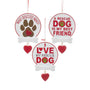 Three personalized rescue dog ornaments with round white and red sign designs, rescue-themed sayings, blank bone nameplates, and dangling red heart accents.