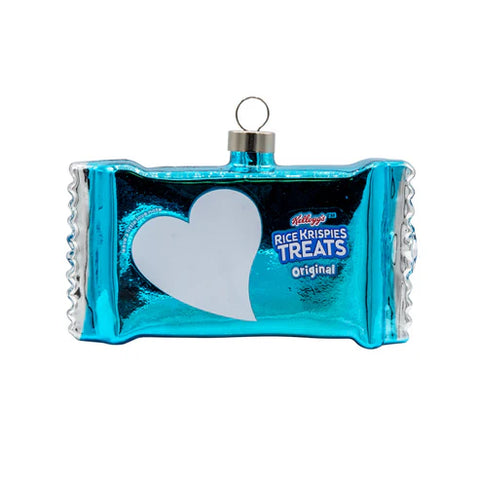 Glass Rice Krispies Treat ornament with a bright blue wrapper design, white heart graphic, and Rice Krispies Treats Original logo.