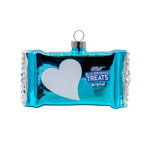 Glass Rice Krispies Treat ornament with a bright blue wrapper design, white heart graphic, and Rice Krispies Treats Original logo.