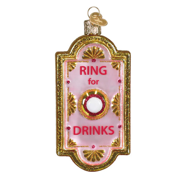 Decorative glass ornament resembling a doorbell with 'Ring for Drinks' text on a white background