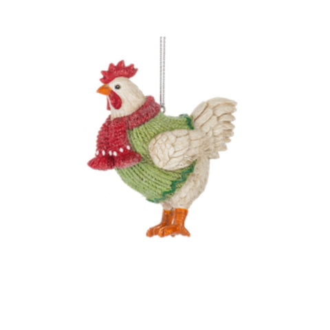 Rooster in Cozy Sweater ornament featuring a white chicken wearing a green sweater and red scarf with detailed feathers and orange feet.