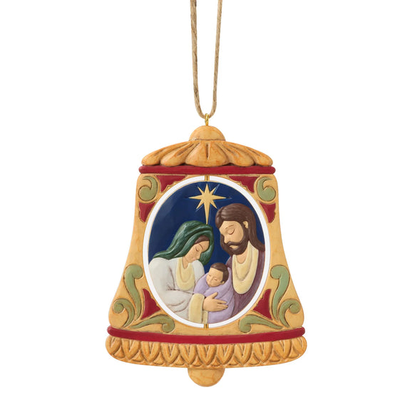 Front view of Jim Shore Rotating Holy Family Bell Ornament showing Mary, Joseph, and baby Jesus beneath a shining star.
