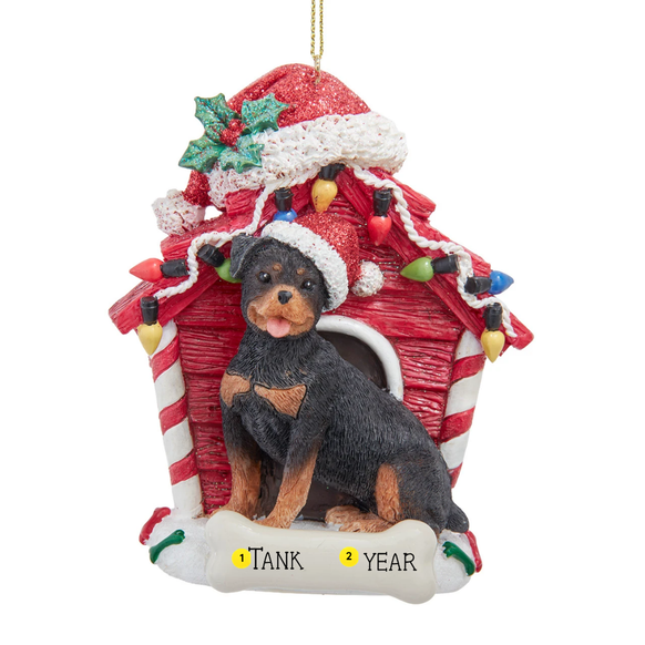 Personalized Rottweiler dog house ornament with the name Tank and year shown on the bone-shaped plaque.
