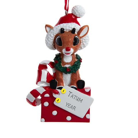 Personalized Rudolph The Red Nose Reindeer® on a Present Ornament