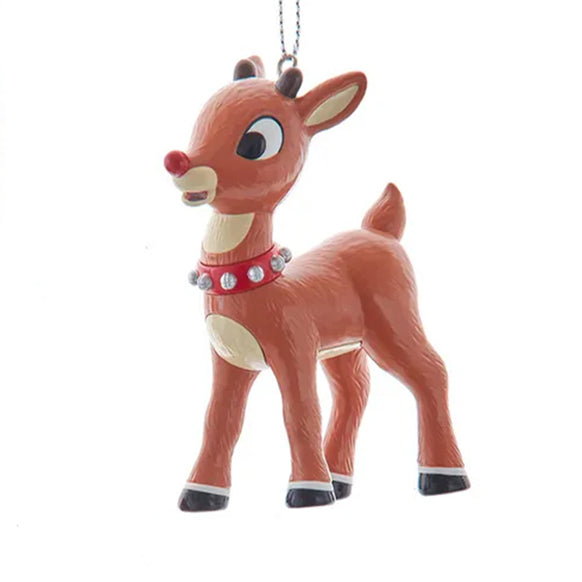 Christmas ornament of a Rudolph the red nose reindeer on a white background