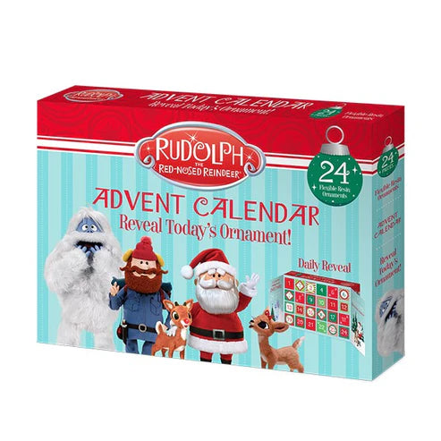 Rudolph the Red-Nosed Reindeer Advent Calendar box with Rudolph, Santa, Bumble, Yukon Cornelius, and Clarice artwork on the front.