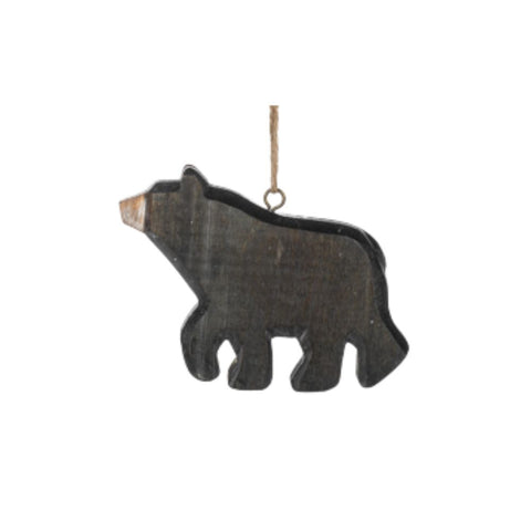 Rustic Wood Bear ornament featuring a dark wood bear silhouette with a jute hanging loop.