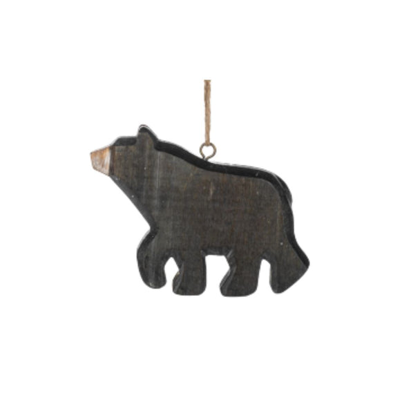 Rustic Wood Bear ornament featuring a dark wood bear silhouette with a jute hanging loop.