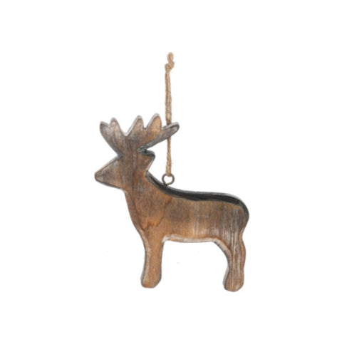 Rustic Wood Deer ornament featuring a natural wood deer silhouette with antlers and a jute hanging loop.