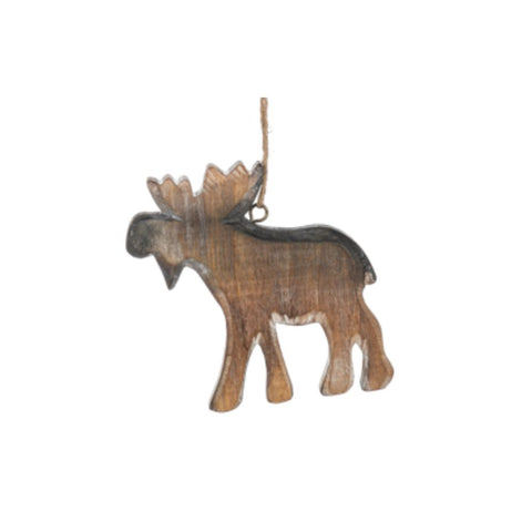 Rustic Wood Moose ornament featuring a natural wood moose silhouette with antlers and a jute hanging loop.