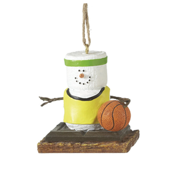 Decorative ornament shaped like a s'more with a basketball, on a white background