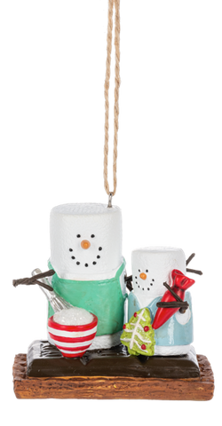 S’mores Baking ornament featuring two marshmallow snowman-style figures on a graham cracker base, with baking accessories including a mixing bowl, whisk, rolling pin, and Christmas tree cookie.