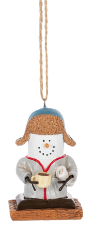 S’mores Christmas Morning ornament featuring a marshmallow snowman-style figure on a graham cracker base, dressed in cozy pajamas and a winter hat while holding a mug.