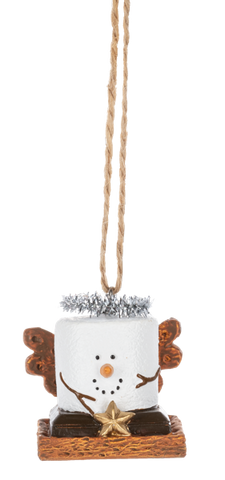 S’mores Christmas Pageant Angel ornament featuring a marshmallow snowman-style figure on a graham cracker base with silver tinsel halo, gingerbread-style wings, and a gold star.