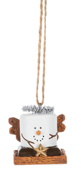 S’mores Christmas Pageant Angel ornament featuring a marshmallow snowman-style figure on a graham cracker base with silver tinsel halo, gingerbread-style wings, and a gold star.