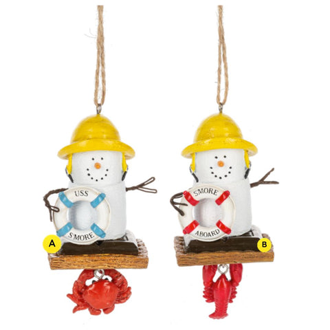 Two S’mores Crab & Lobster Catch ornaments shown together, each featuring a marshmallow snowman-style figure on a graham cracker dock with a life preserver, yellow rain hat, and either a crab or lobster hanging below.