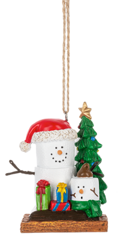 S’mores family ornament featuring two marshmallow characters decorating a Christmas tree with wrapped presents, a green scarf, and Santa hat. 