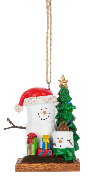 S’mores family ornament featuring two marshmallow characters decorating a Christmas tree with wrapped presents, a green scarf, and Santa hat. 