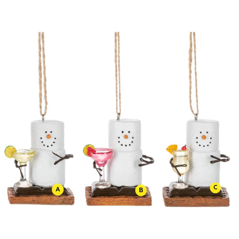 Three S’mores Happy Hour ornaments shown together, each featuring a marshmallow snowman-style figure on a graham cracker base holding a different drink: a margarita, strawberry margarita, and tropical cocktail.
