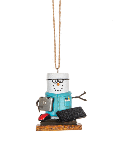 S’mores Information Technology Worker ornament featuring a marshmallow snowman-style figure on a graham cracker base with glasses, a blue shirt, laptop, keyboard, and computer mouse.