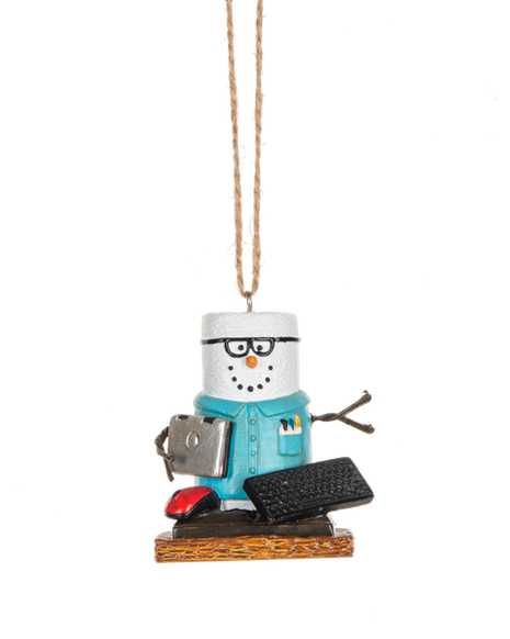 S’mores Information Technology Worker ornament featuring a marshmallow snowman-style figure on a graham cracker base with glasses, a blue shirt, laptop, keyboard, and computer mouse.