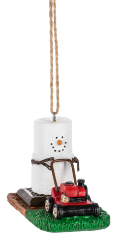 S’mores Lawn Mowing ornament featuring a marshmallow snowman-style figure pushing a red lawn mower across green grass on a graham cracker base.