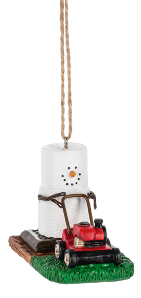 S’mores Lawn Mowing ornament featuring a marshmallow snowman-style figure pushing a red lawn mower across green grass on a graham cracker base.