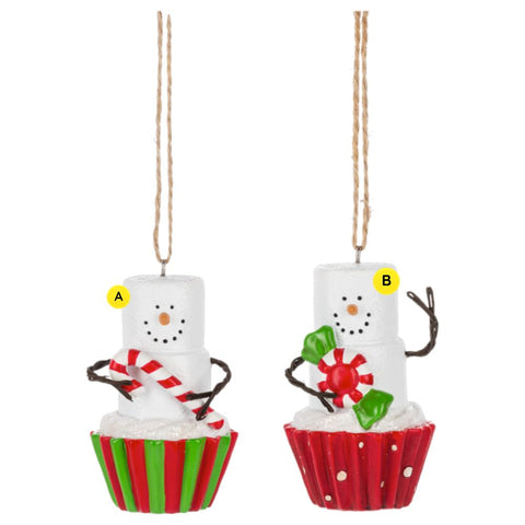 Two peppermint cupcake S’mores ornaments shown side by side, featuring marshmallow characters in red and green cupcake wrappers holding a candy cane and a peppermint candy.