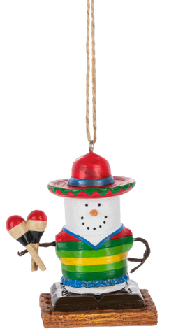 S’mores sombrero ornament featuring a marshmallow character wearing a colorful striped poncho and red sombrero while holding maracas.