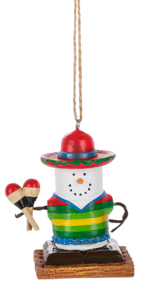 S’mores sombrero ornament featuring a marshmallow character wearing a colorful striped poncho and red sombrero while holding maracas.
