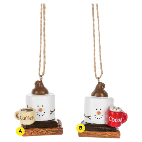 S’mores warm drink ornaments featuring smiling marshmallow characters with coffee and cocoa mugs on graham cracker-style bases