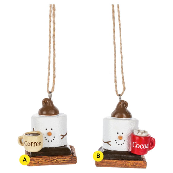 S’mores warm drink ornaments featuring smiling marshmallow characters with coffee and cocoa mugs on graham cracker-style bases