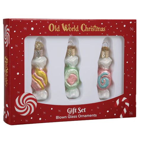 Set of three blown glass Salt Water Taffy ornaments in a 'Old World Christmas' gift box.