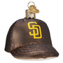Glass ornament shaped like a baseball cap with a yellow San Diego Padres logo on a white background