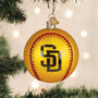 Decorative baseball ornament with a San Diego logo hanging on a Christmas tree.