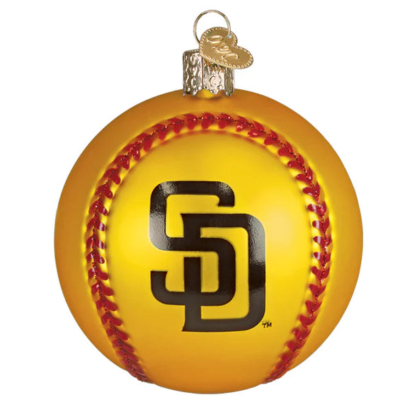 Decorative ornament shaped like a baseball with a logo on a white background