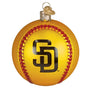 Decorative ornament shaped like a baseball with a logo on a white background