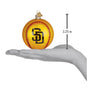 Yellow baseball ornament with a logo held in a hand, showing its size relative to a palm.