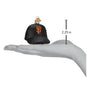 Small black cap ornament with orange Giants logo on a hand palm, showing its size with a measurement label.