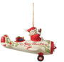 Jim Shore ornament featuring Santa waving from a cream and red airplane with holly accents, gifts in the back, and Merry Christmas written on the side. Back Side View. 